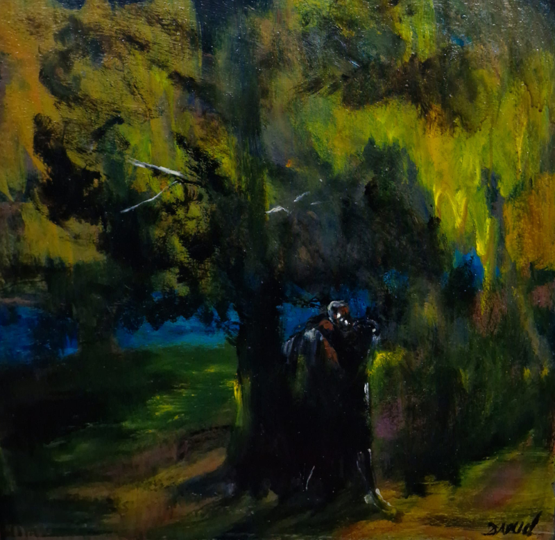 Peinture de David Daoud, paysage où se devinent des figures humaines, à la tobée de la nuit