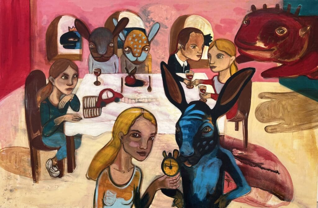 Peinture festive de Ruta Jusionyte d'un repas de famille aux tons chauds et colorés