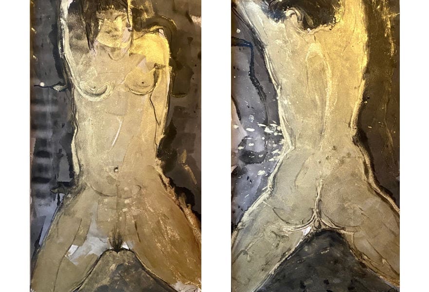 Diptych by Sophie Sainrapt : black and gold painting of model Lala Zhang