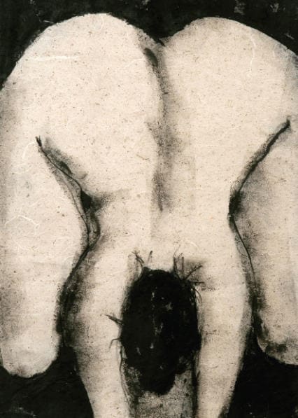 A charcoal drawing by Sophie Sainrapt, representing the back of a kneeling woman