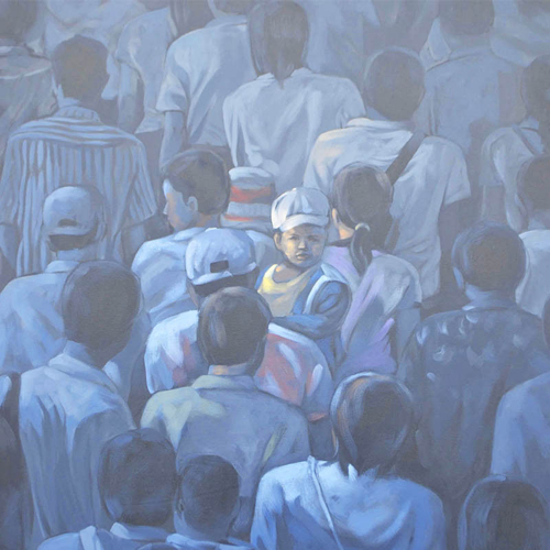 peinture d'un artiste renommé du Myanmar, " Moving Forward" représentant les foule en déplacement, ici pour une pendularité urbaine