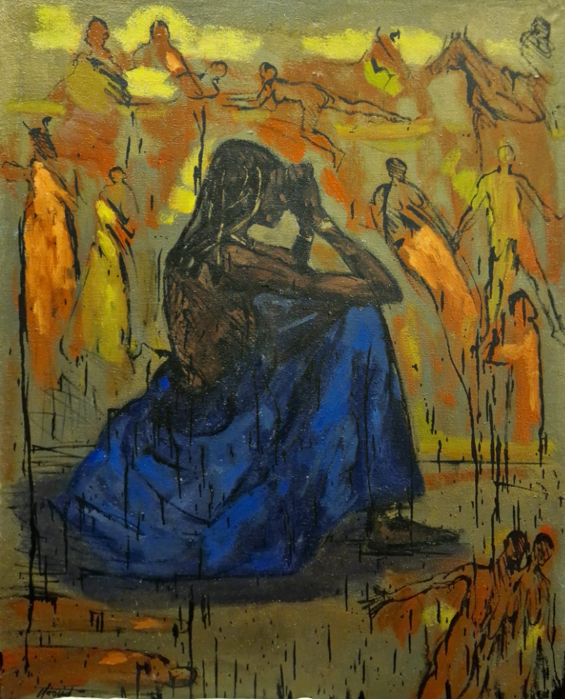 David Daoud, techniques mixtes, peinture d'une femme assise, drapée de bleu profond, les mains croisées devant le visage