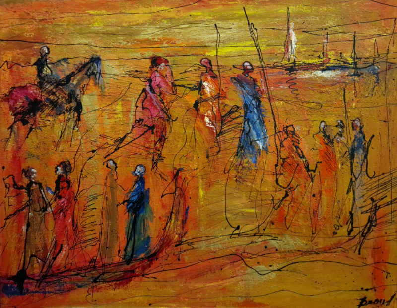 Peinture de David Daoud, paysage maritime traversé de figures humaines en partance, tons ocres
