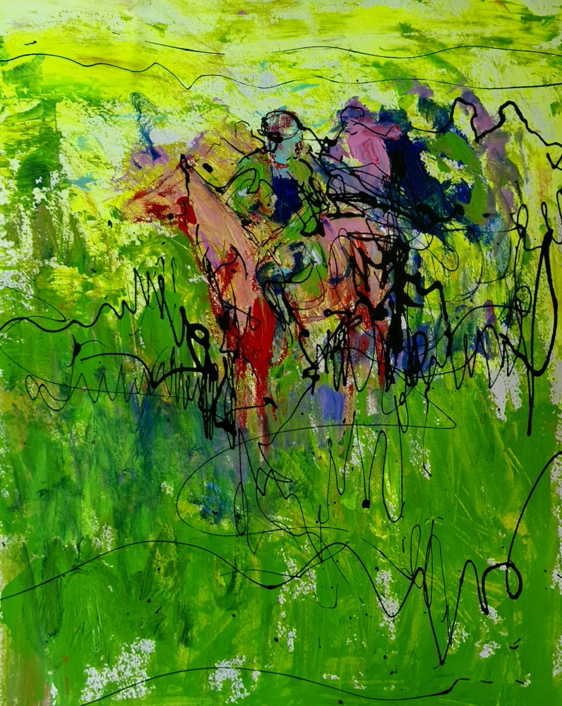 Peinture de David Daoud, Cavaliers nomades dans un paysage abstrait coloré