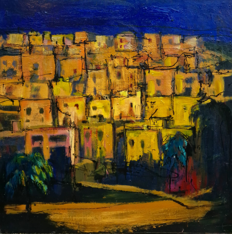 Œuvre figurative de David Daoud, médina dans la chaude lumière d'un coucher de soleil